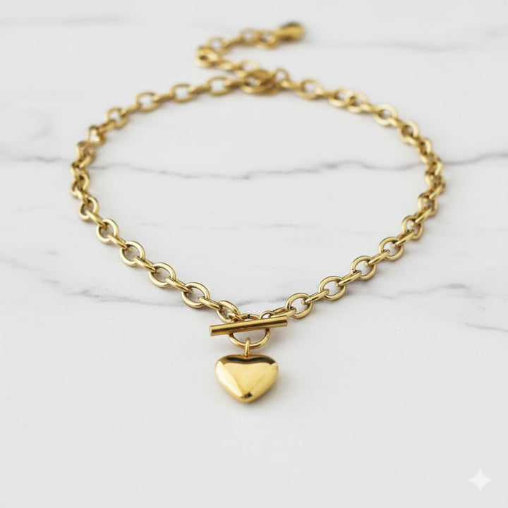 Chunky Gold Heart Necklace | Toggle Clasp Chain Necklace | Stainless Steel Waterproof Jewellery | Minimalist Heart Pendant for Women
