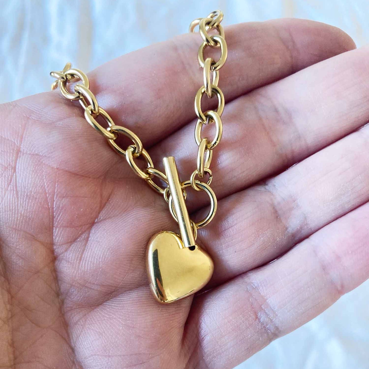 Chunky Gold Heart Necklace | Toggle Clasp Chain Necklace | Stainless Steel Waterproof Jewellery | Minimalist Heart Pendant for Women