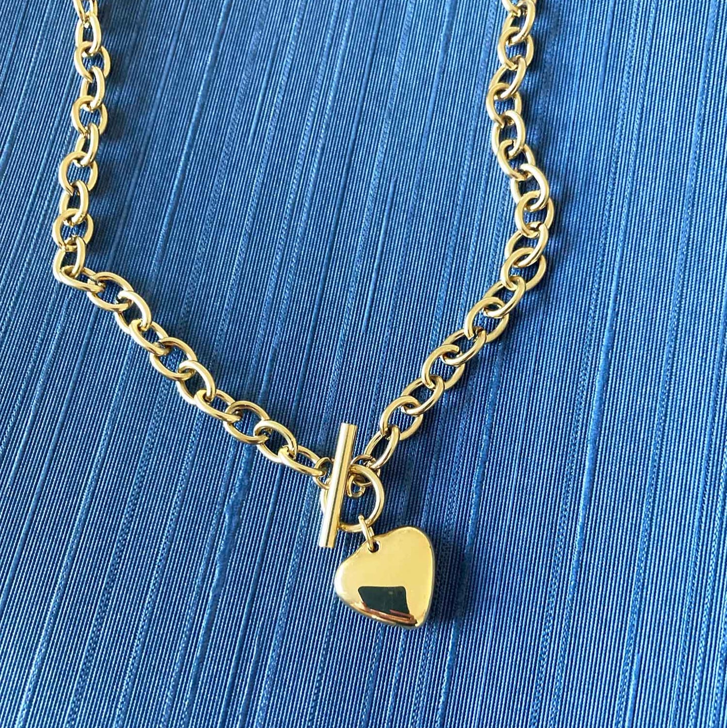 Chunky Gold Heart Necklace | Toggle Clasp Chain Necklace | Stainless Steel Waterproof Jewellery | Minimalist Heart Pendant for Women