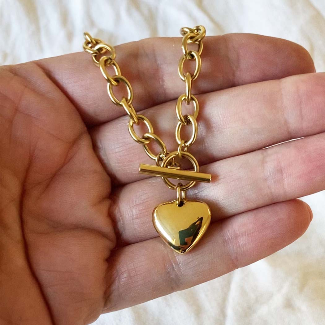 Chunky Gold Heart Necklace | Toggle Clasp Chain Necklace | Stainless Steel Waterproof Jewellery | Minimalist Heart Pendant for Women