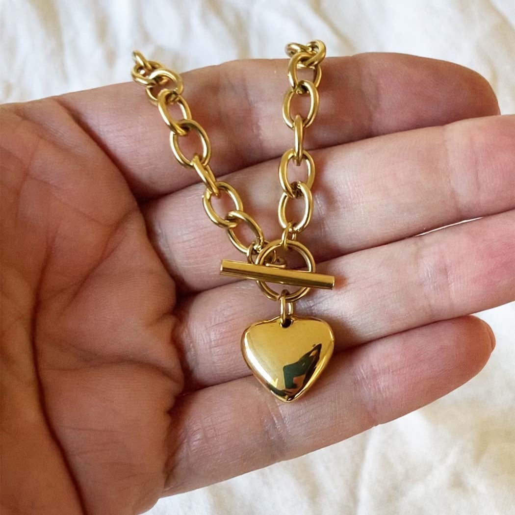 Chunky Gold Heart Necklace | Toggle Clasp Chain Necklace | Stainless Steel Waterproof Jewellery | Minimalist Heart Pendant for Women