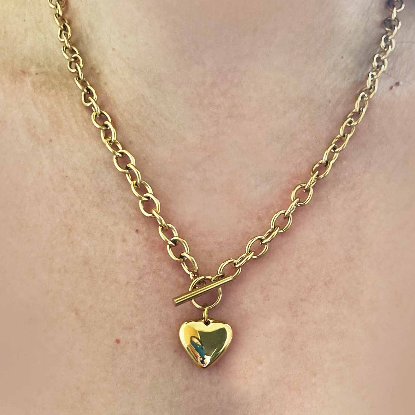 Chunky Gold Heart Necklace | Toggle Clasp Chain Necklace | Stainless Steel Waterproof Jewellery | Minimalist Heart Pendant for Women