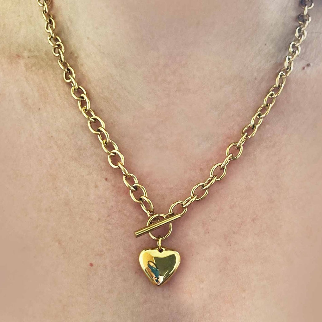 Chunky Gold Heart Necklace | Toggle Clasp Chain Necklace | Stainless Steel Waterproof Jewellery | Minimalist Heart Pendant for Women