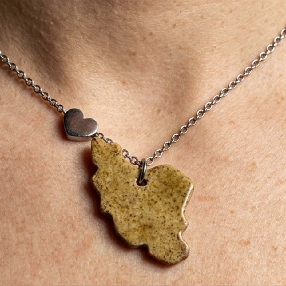 Iran map ceramic glazed yellow iron oxide glazed with stainless steel heart chain