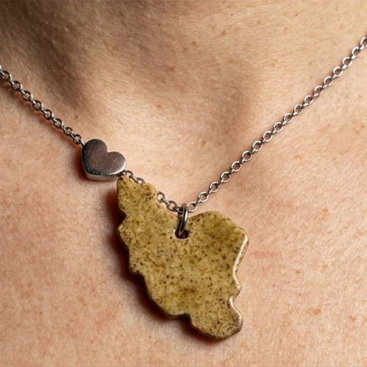 Iran map ceramic glazed yellow iron oxide glazed with stainless steel heart chain