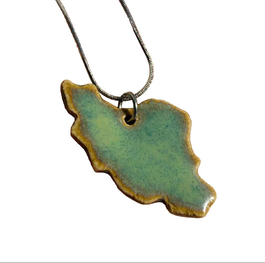 Handmade ceramic Iran map necklace in turquoise teal glaze with honey edge on silver snake chain – SHB Studio