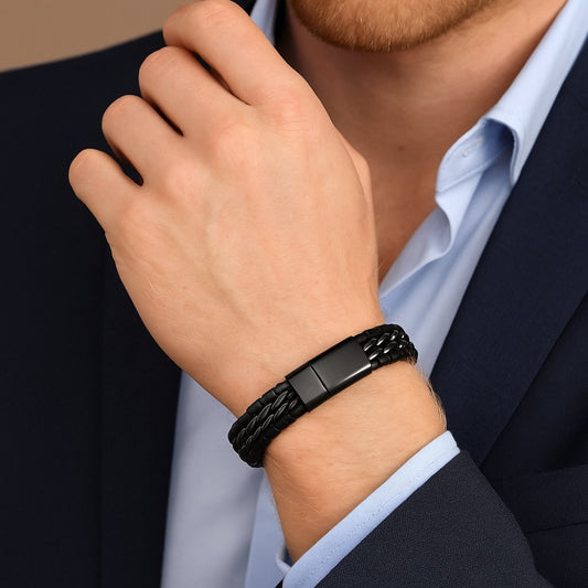 Person wearing a black stainless steel and braided black leather bracelet on a blurred background.