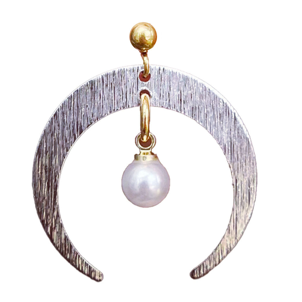 half a moon silver colour stainless steel and pearl earrings.