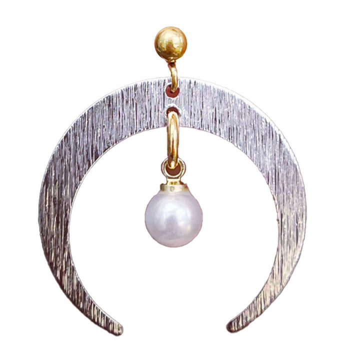 half a moon silver colour stainless steel and pearl earrings.