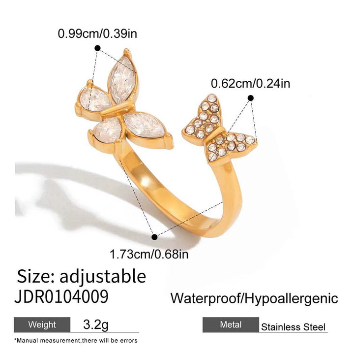 Trendy Jewellery Butterfly Open Ring – 18K Gold Plated, Adjustable Stainless Steel, Waterproof Statement Pearl Ring