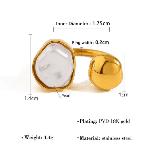 Trendy Jewelry Oval Pearl Open Ring – 18K Gold Plated, Adjustable Stainless Steel, Waterproof Statement Pearl Ring