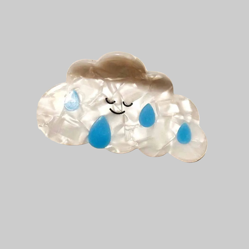 rain-cloud hair claw with smily face and drips of blue rain