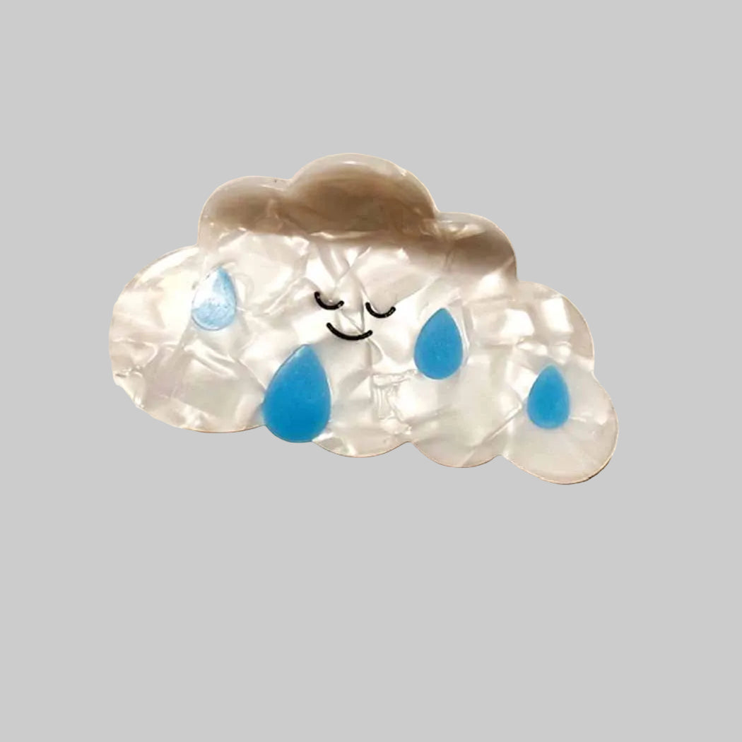 rain-cloud hair claw with smily face and drips of blue rain