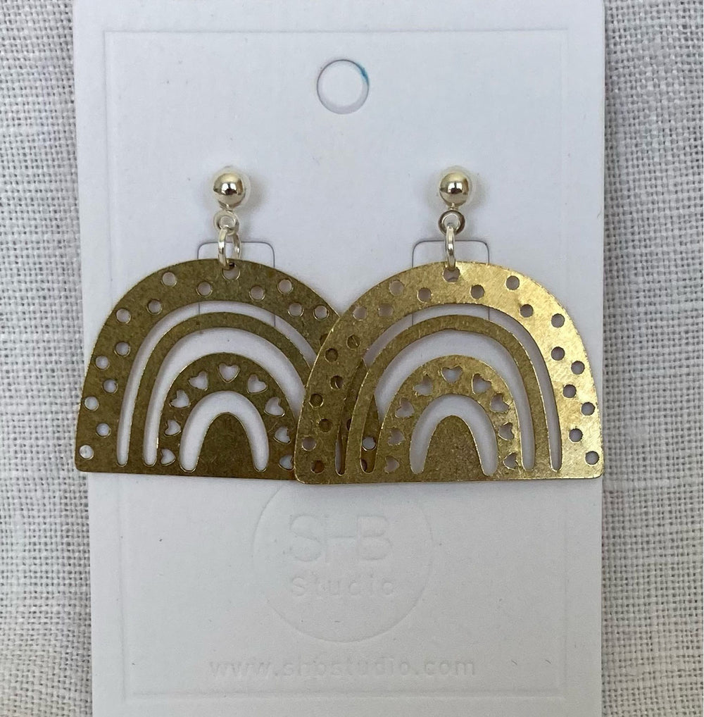 rainbow heart brass earrings 