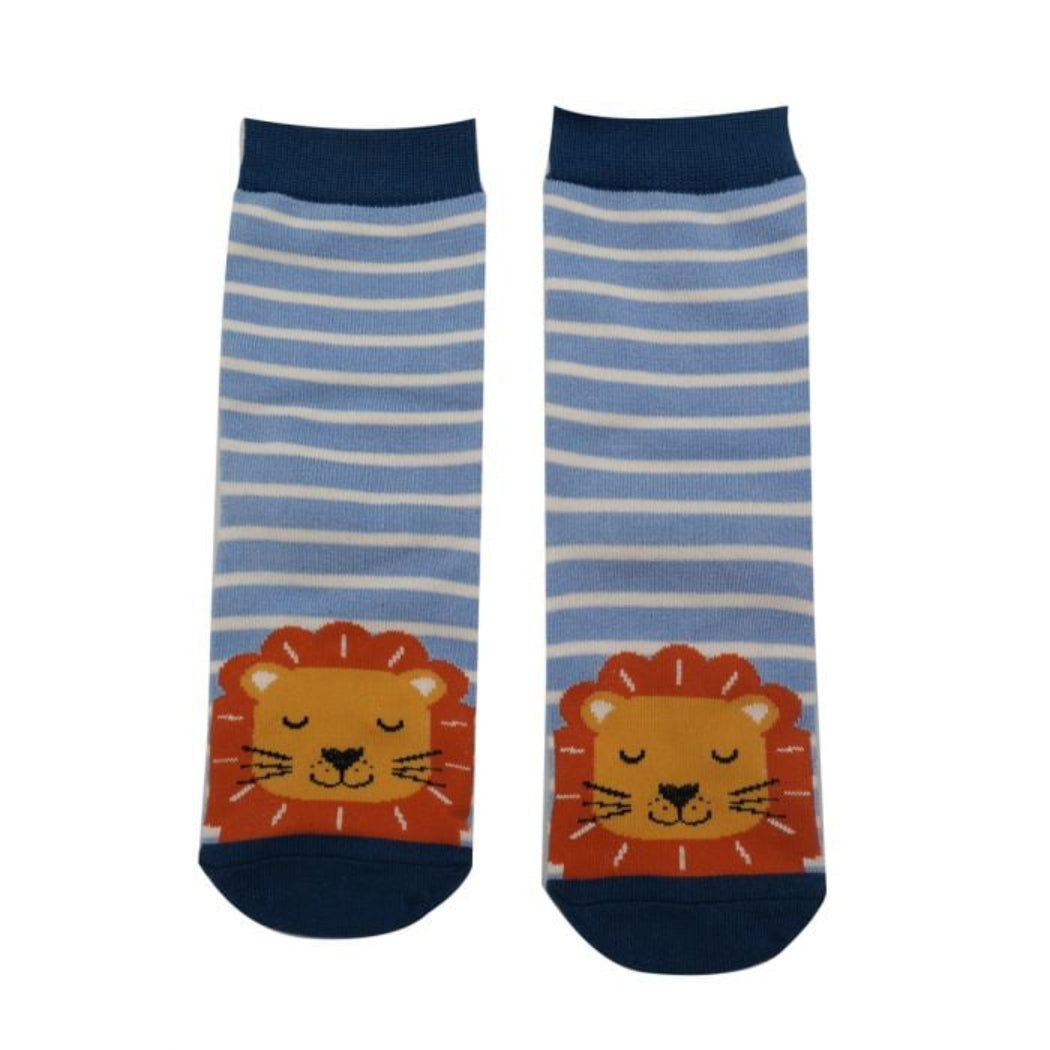 Pair of socks with striped pattern and lion face design on a white background