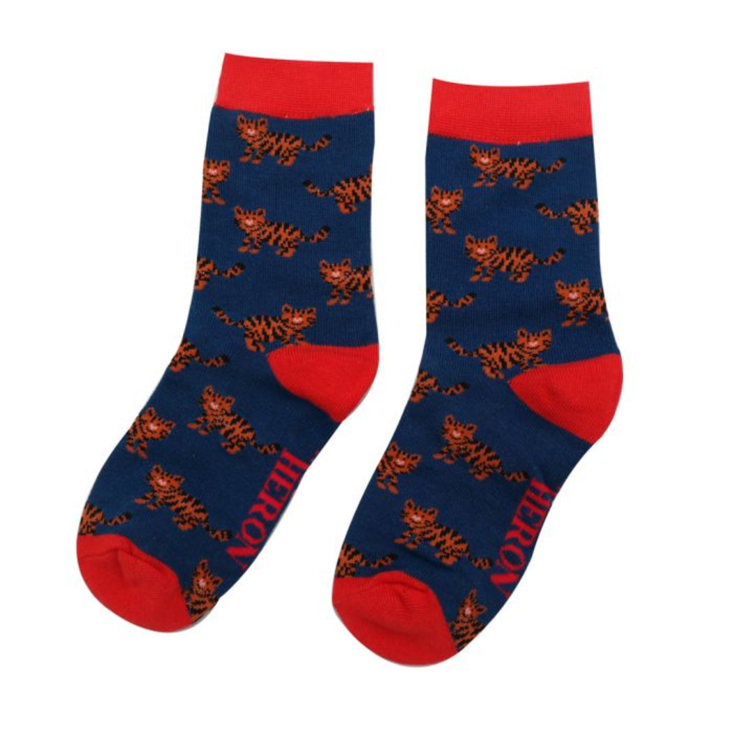 Blue socks with red accents and tiger pattern on a white background