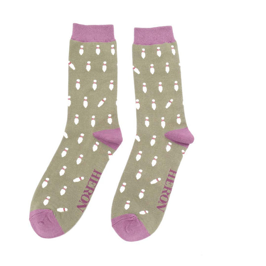 Mr Heron Bowling Pins Bamboo Socks – Olive Green Men's Novelty Socks