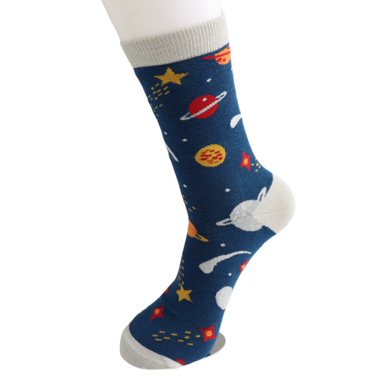 Mr Sparrow bamboo socks navy blue with planets and stars space design – eco-friendly novelty socks-1