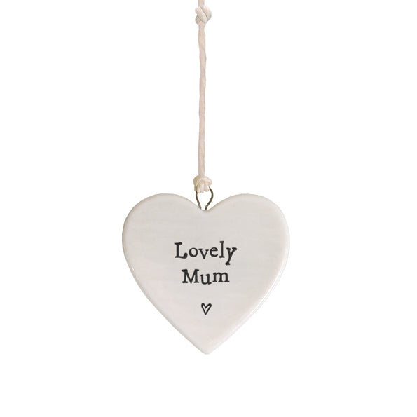 White porcelain heart hanging decoration with the words “Lovely Mum” printed in black text, minimalist sentimental gift for mum.2