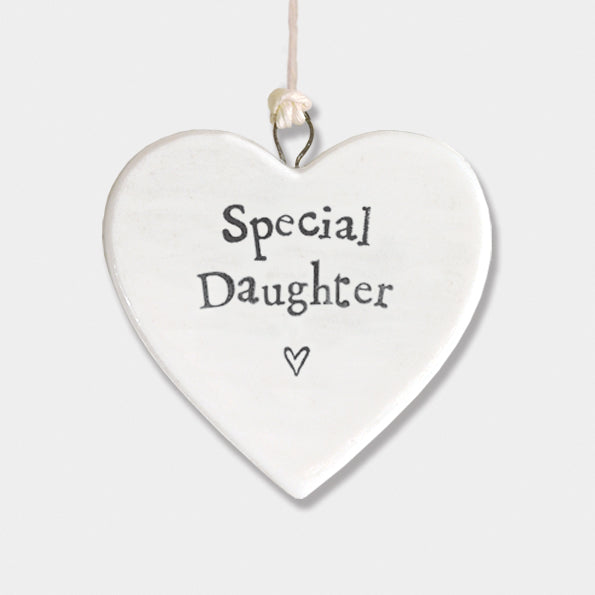 White porcelain heart hanging decoration with the words “Special Daughter” printed on it-1