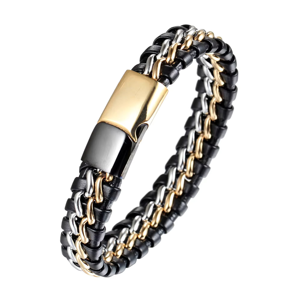 Bracelet with black and gold chain links on a white background