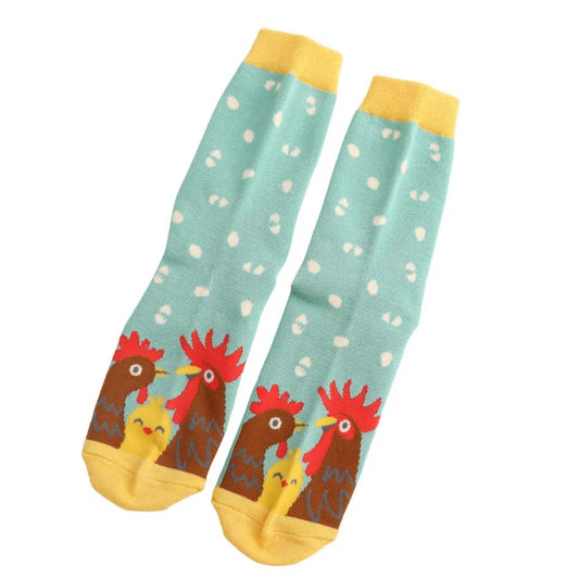 Mint green bamboo socks with chicken, rooster, chick and egg design and yellow cuff and toe