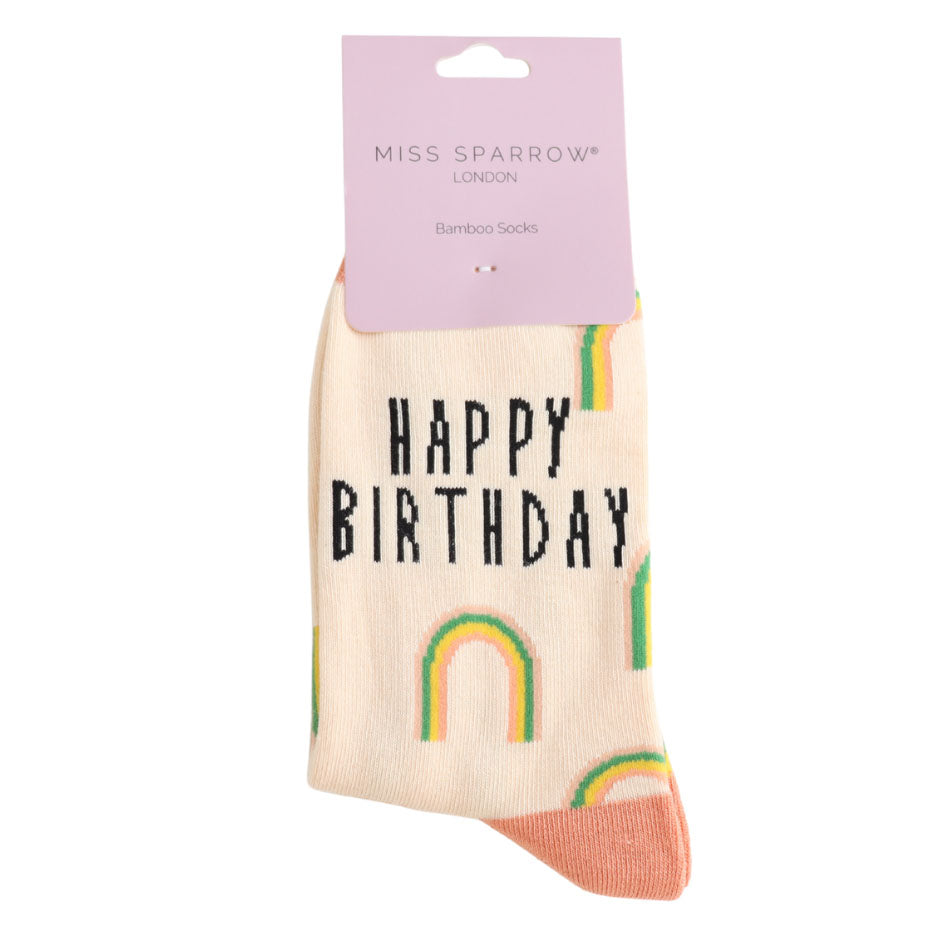 rainbow on cream socks pattern written happy birthday