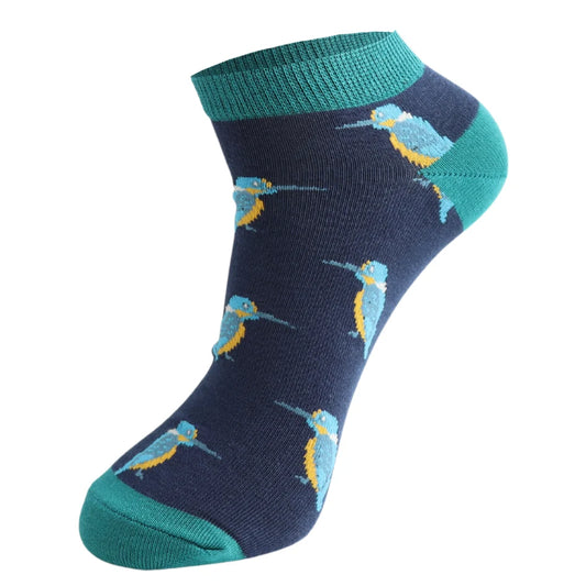 Navy sock with blue bird pattern on a white background