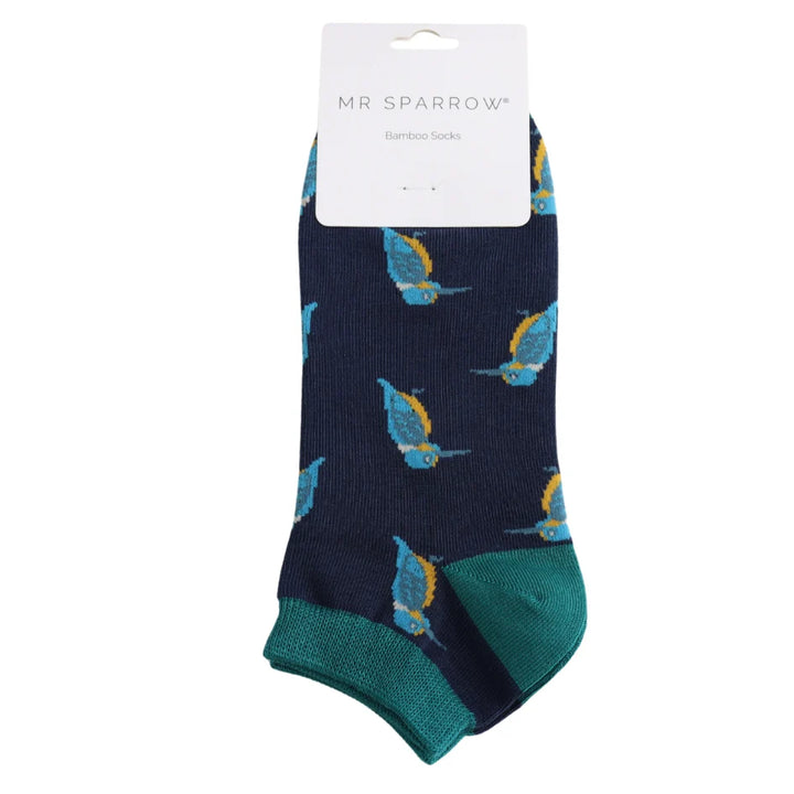 Navy sock with bird pattern on a white background, featuring &