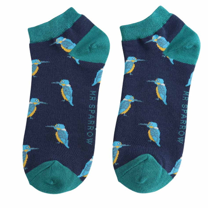 Navy socks with teal accents and bird pattern on a white background