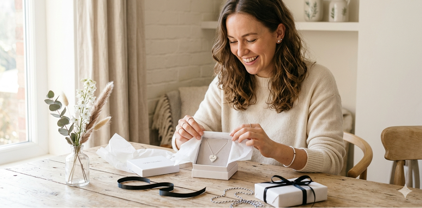 Woman sitting at a table in a cozy room, opening a jewelry box.