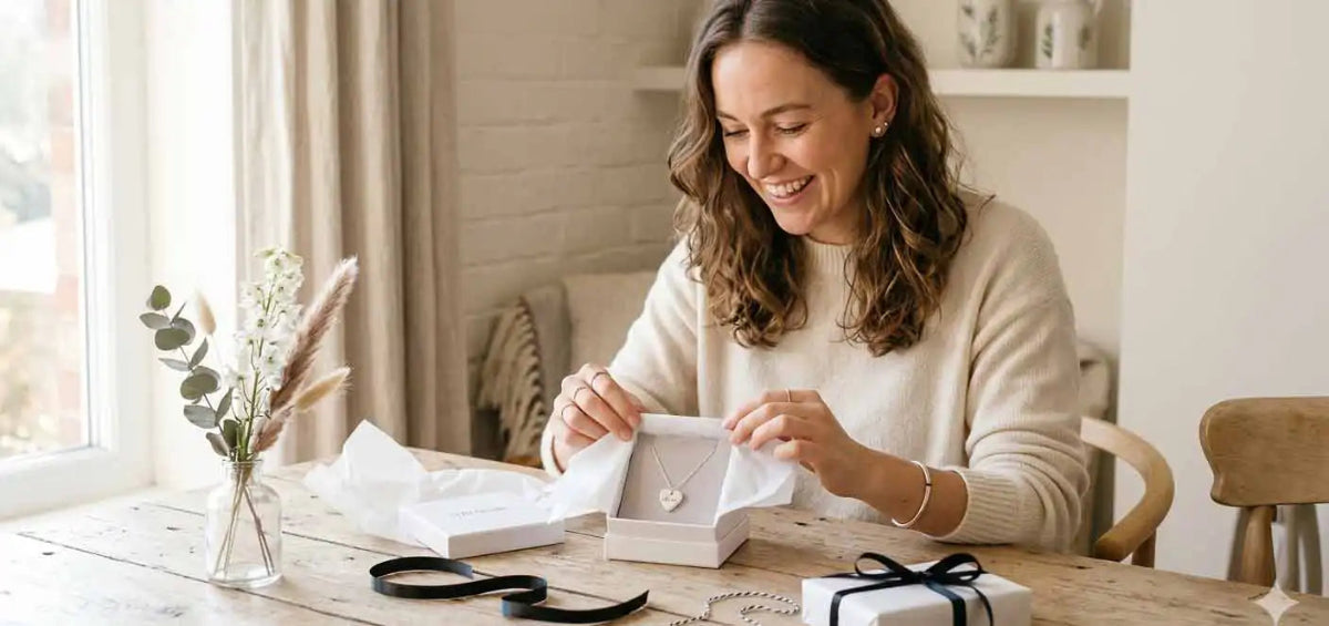 Woman opening a jewelry box with a silver ring on a wooden table.