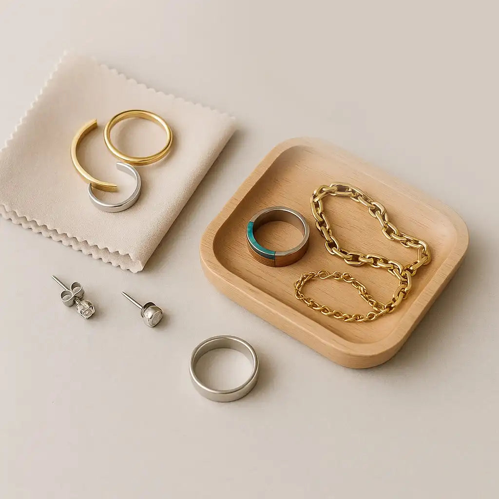 Gold chain with silver ring and earrings 