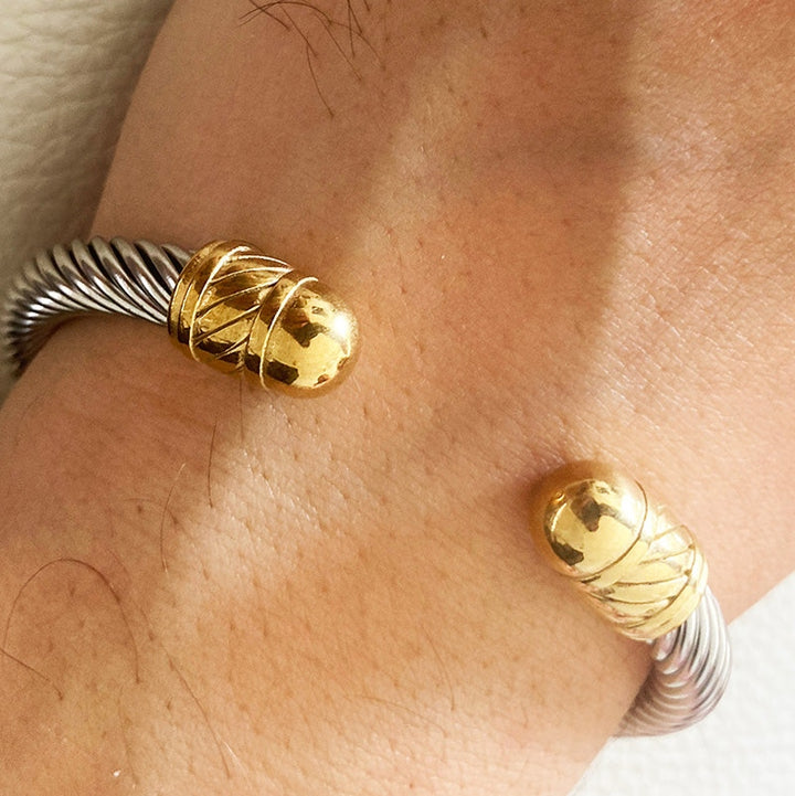 Silver and Gold Cable Cuff Bracelet - Gift for Him - Stainless Steel Silver &amp; Gold Bangle 1