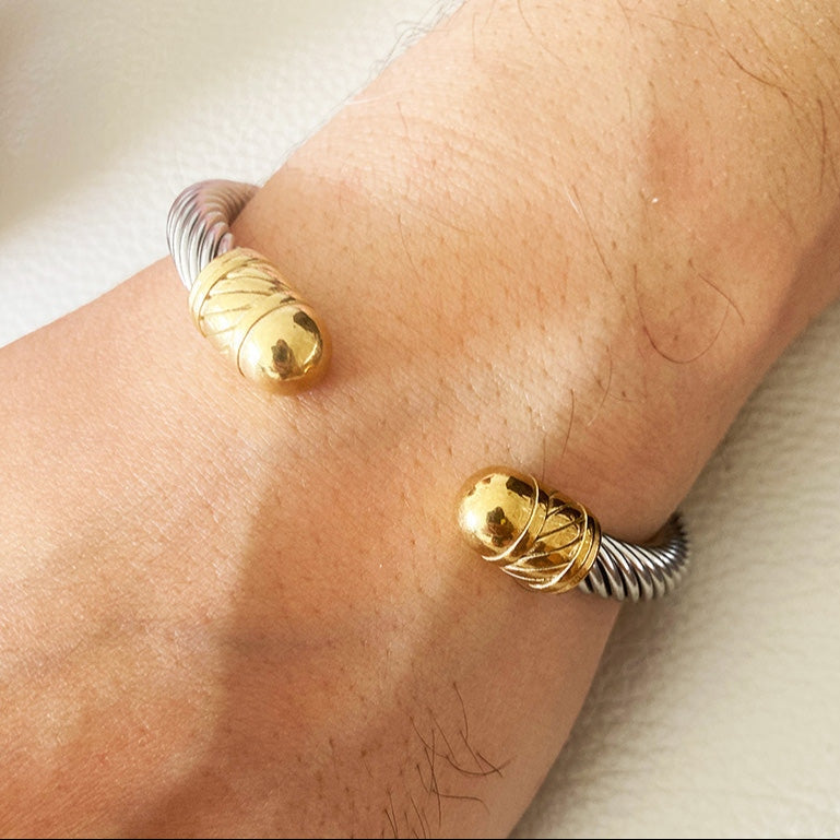 Silver and Gold Cable Cuff Bracelet - Gift for Him - Stainless Steel Silver & Gold Bangle | SHB Studio