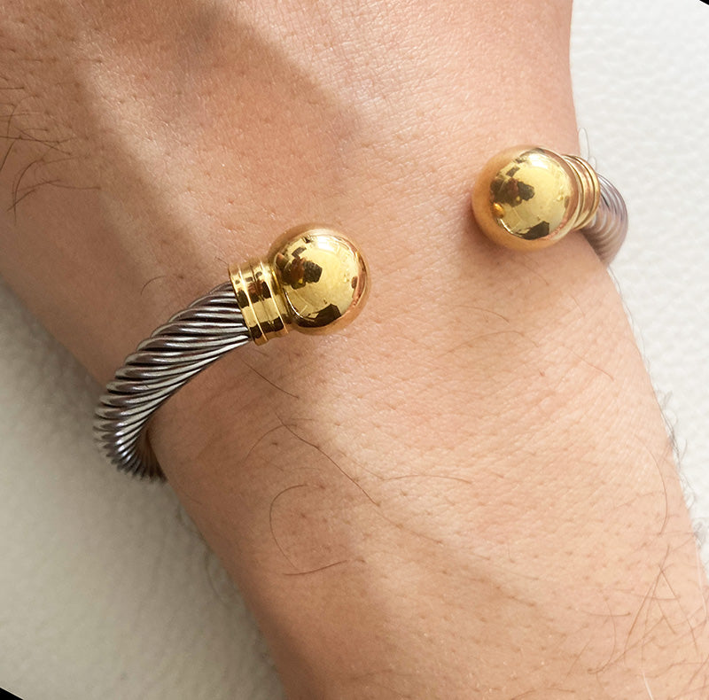 Two-Tone Cable Cuff Bracelet – Stainless Steel Silver &amp; Gold Bangle 1