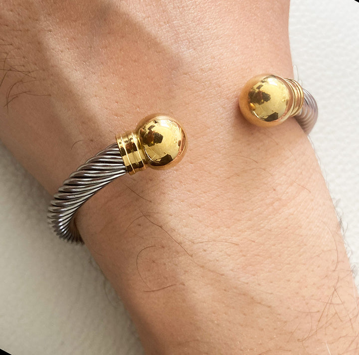 Two-Tone Cable Cuff Bracelet – Stainless Steel Silver &amp; Gold Bangle 1