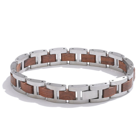 stainless steel and wooden brown chain bracelet.