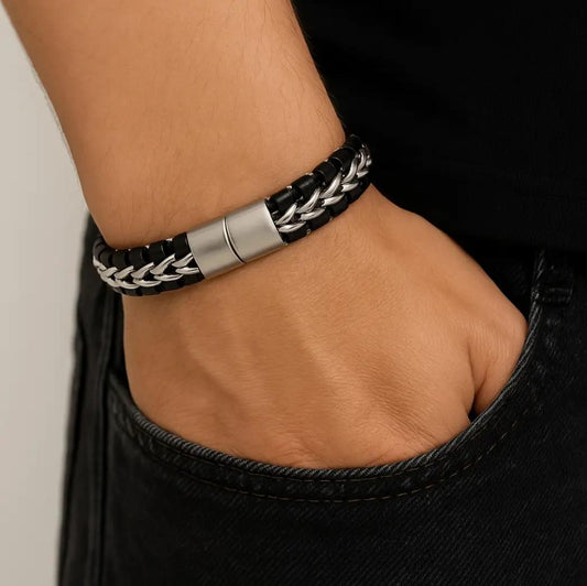 Men’s Braided Leather Bracelet –  Stainless Steel Magnetic Clasp | SHB Studio