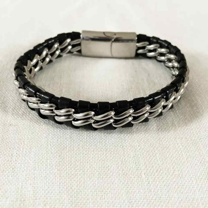 Magnet Leather Bracelet Handmade Braided Leather Bracelet on white background.
