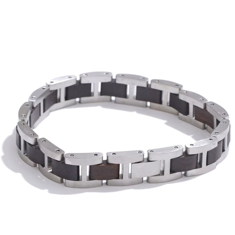 Silver and dark brown wood bracelet on a white background