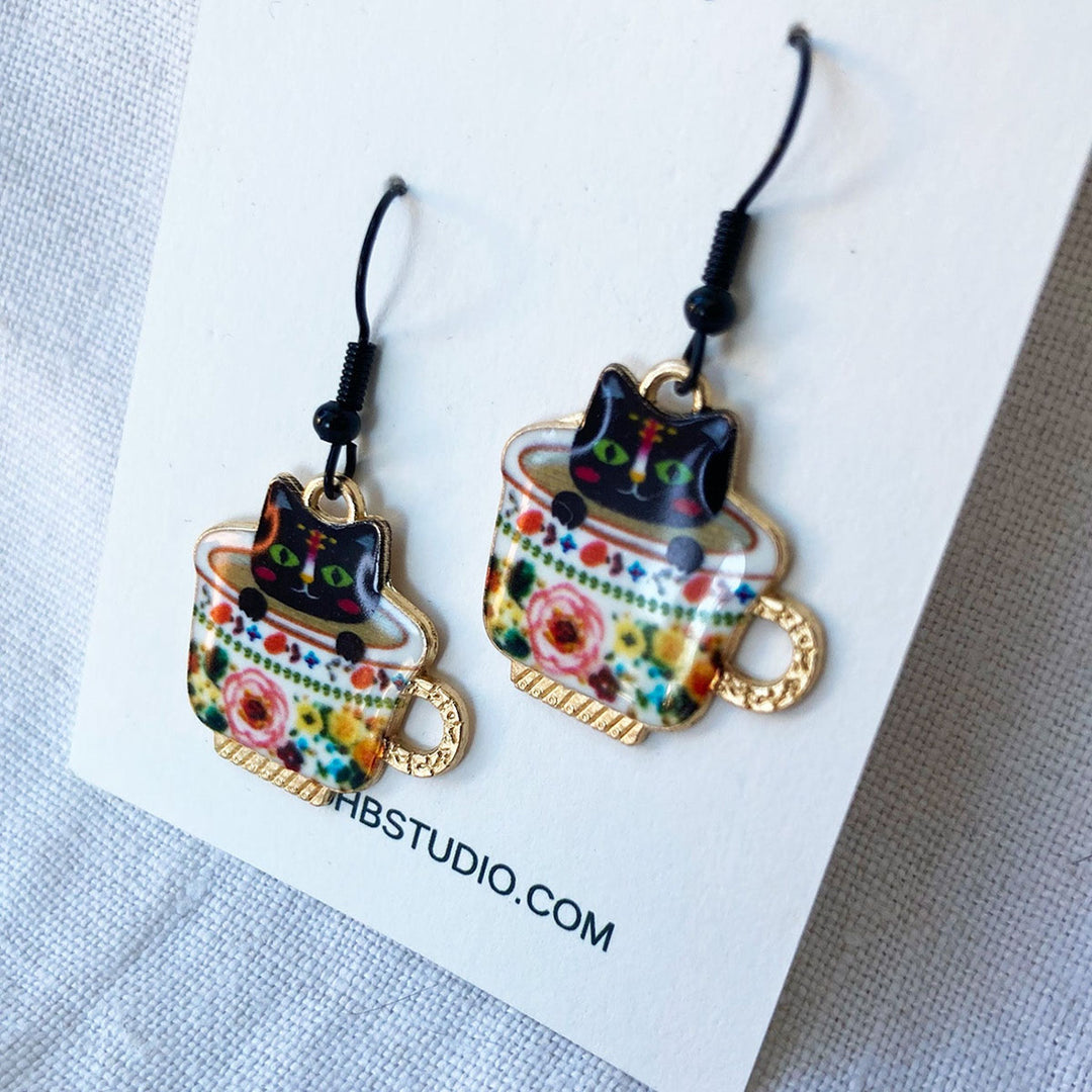 Playful Cup Cat Earrings – Enamel Dangle Jewellery 1