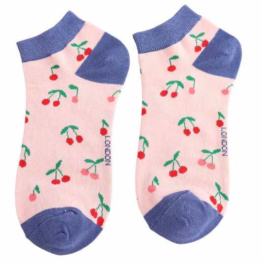 Two pairs of socks with cherry pattern and blue cuffs on a white background