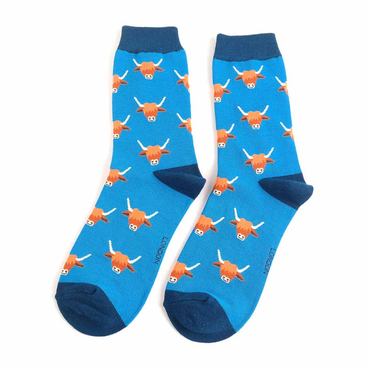 Miss Sparrow London Highland Cow Bamboo Socks – Blue Scottish Cow Socks