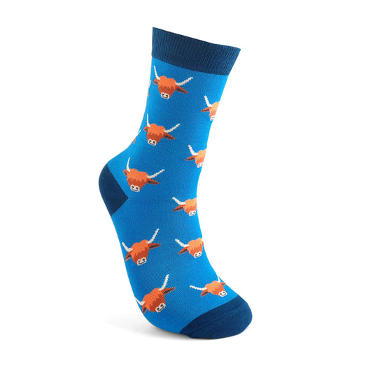 Miss Sparrow London Highland Cow Bamboo Socks – Blue Scottish Cow Socks
