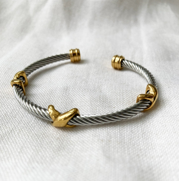 Stainless Steel Cable Cuff Bracelet with Gold Accents