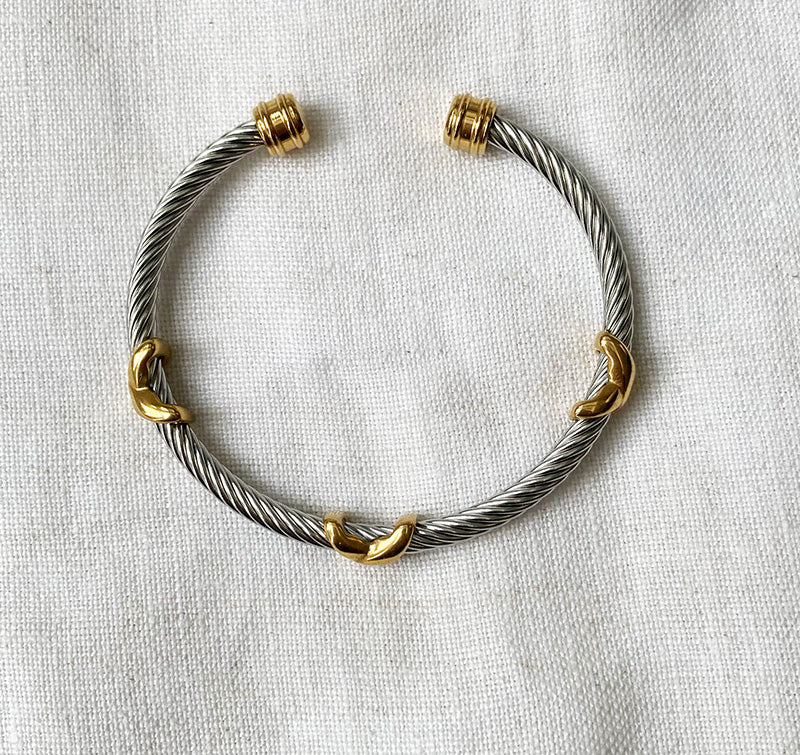 Stainless Steel Cable Cuff Bracelet with Gold Accents 1
