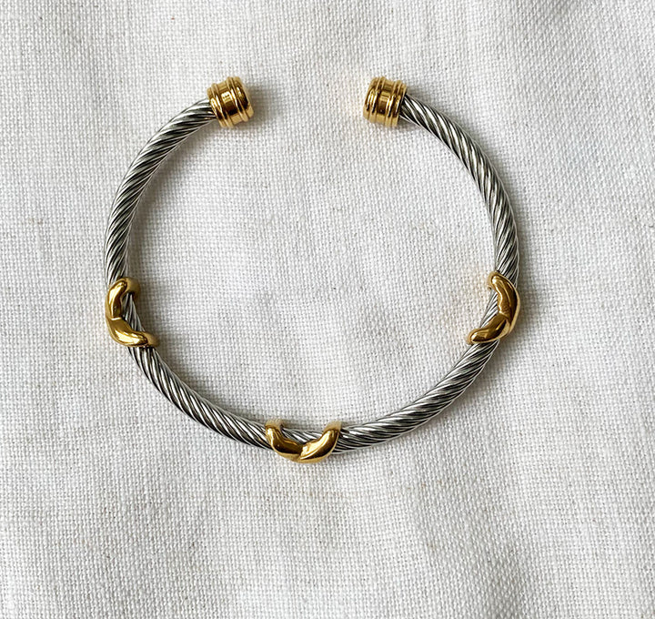 Stainless Steel Cable Cuff Bracelet with Gold Accents 1