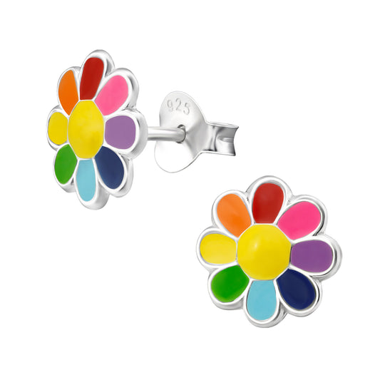 925 Sterling Silver Rainbow Daisy Flower Stud Earrings – Colourful Enamel Floral Jewellery