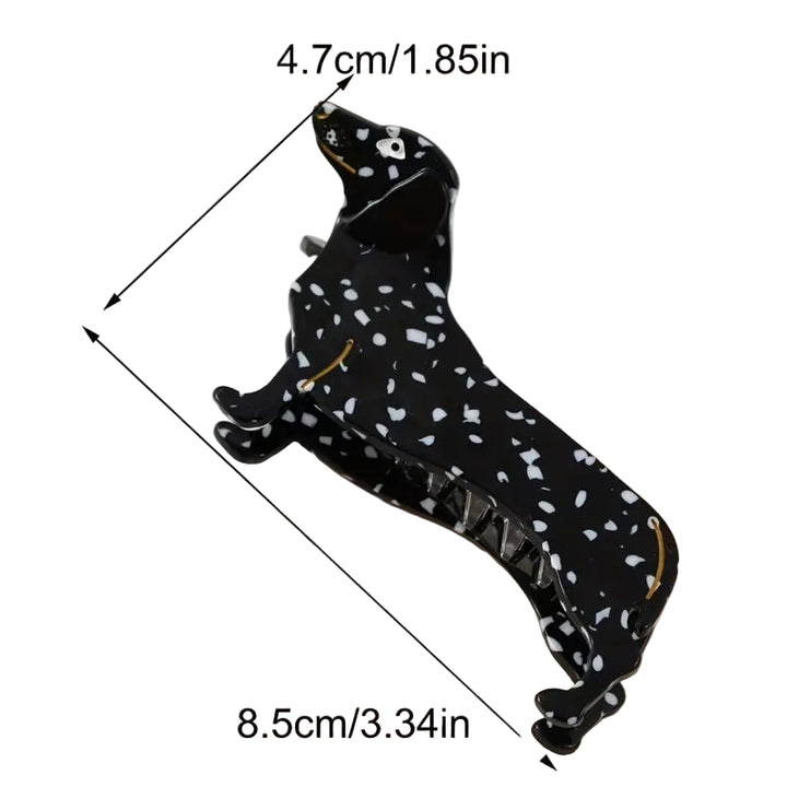 Black hair clip with white dot pattern and measurements on a white background.